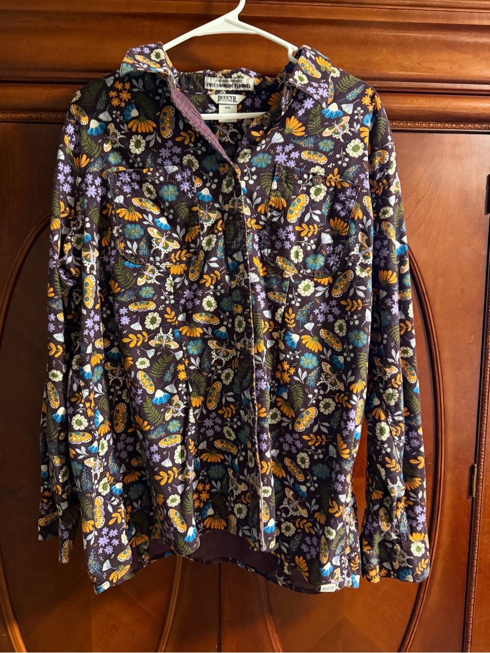 Duluth Trading Co Purple Floral Button-Down Shirt with Yellow & Teal Accents